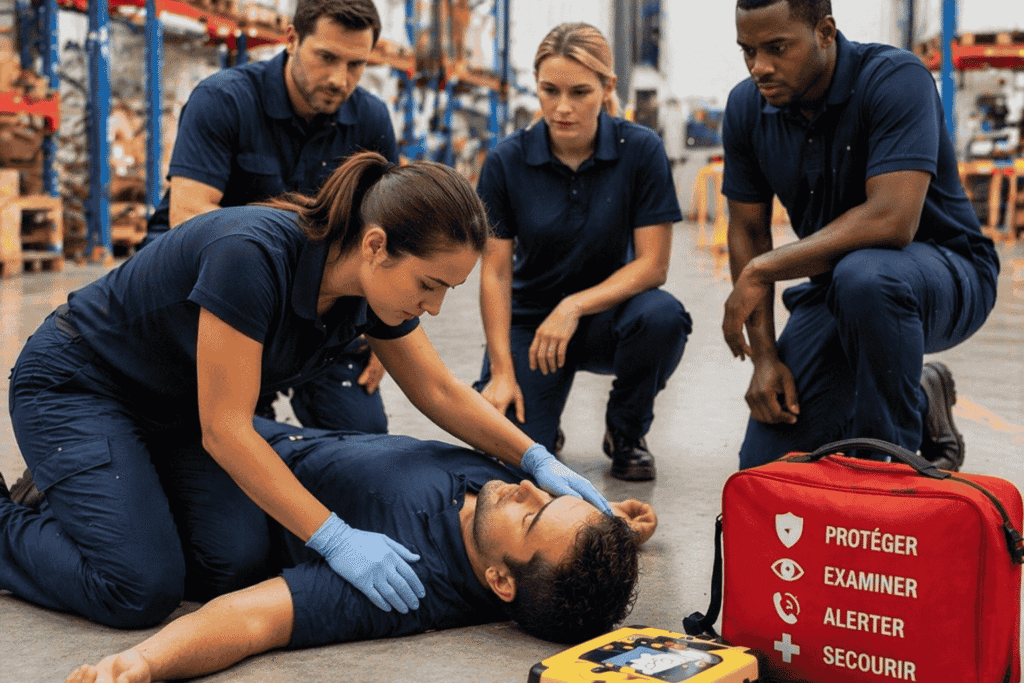 Formation SST en entreprise en Vendée avec mise en situation d’un accident du travail et intervention de premiers secours