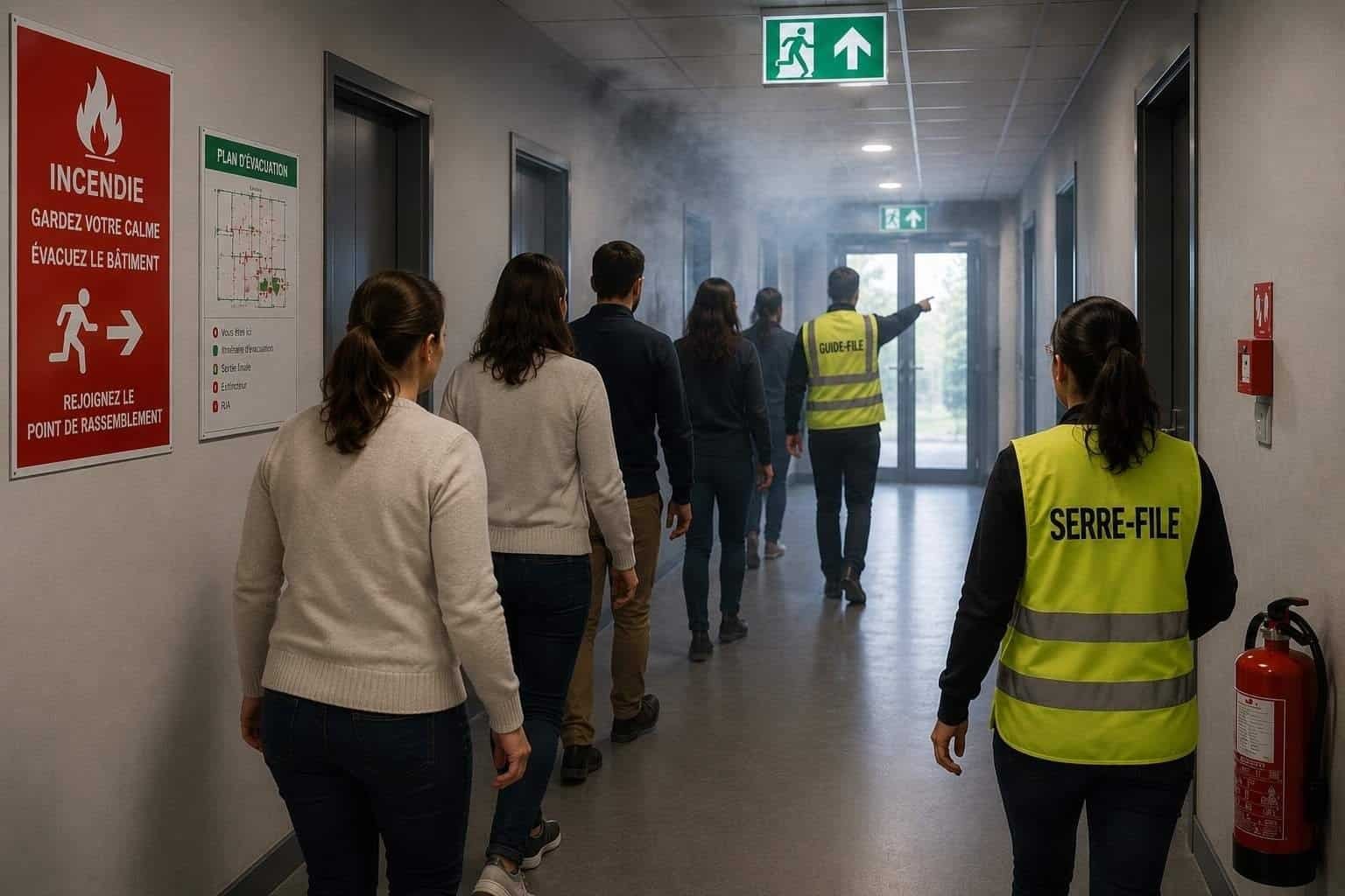 Formation évacuation incendie avec guide-file et serre-file en situation réelle dans un couloir enfumé