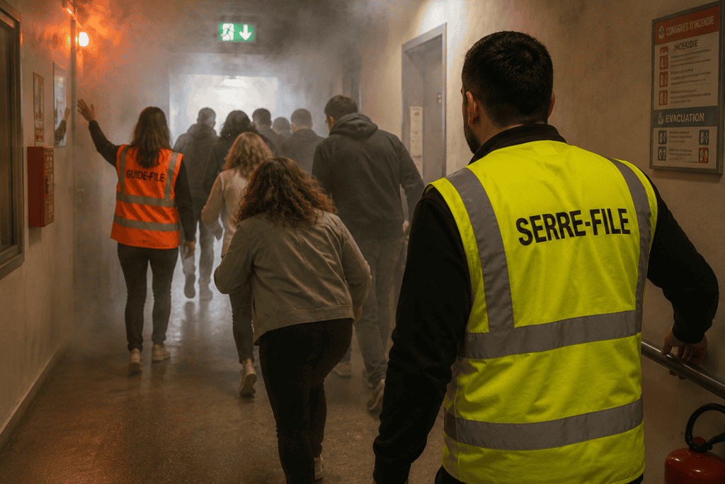 Formation évacuation incendie en entreprise avec guide-file et évacuation des salariés en situation d’urgence