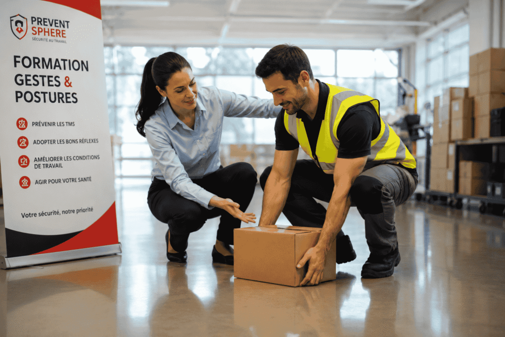 Formation gestes et postures en Vendée – apprentissage des bonnes techniques de manutention et prévention des TMS en entreprise
