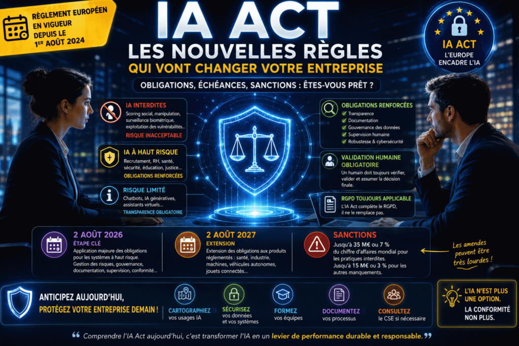 Infographie IA Act sur les nouvelles obligations des entreprises concernant l’intelligence artificielle, la conformité IA, le RGPD, la cybersécurité et les obligations RH en Vendée, Nantes et Pays de la Loire.