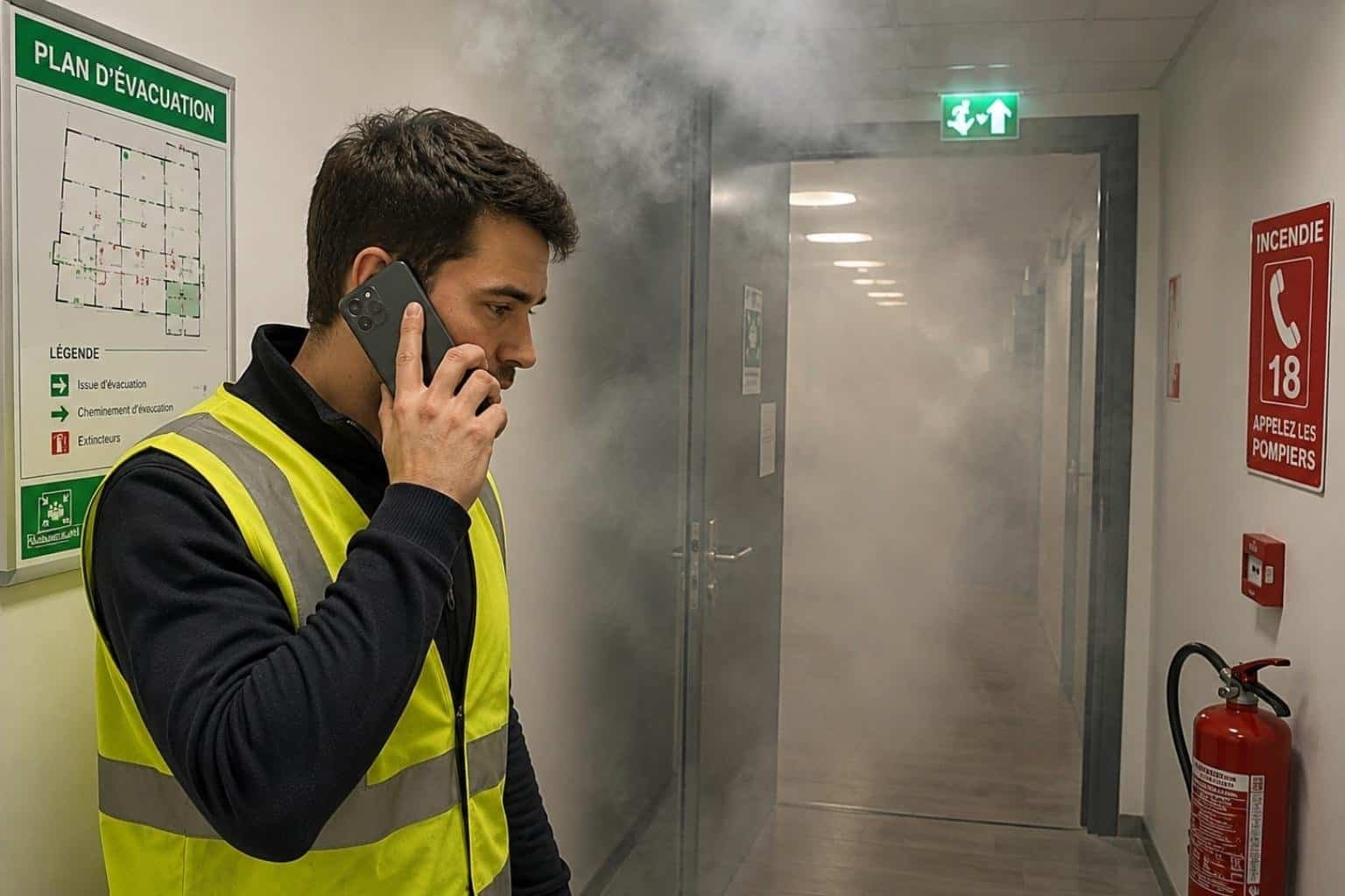Stagiaire en formation incendie donnant l’alerte aux pompiers après une levée de doute en présence de fumée
