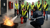 Formation PTI incendie avec manipulation d’extincteur et exercice pratique de première intervention en entreprise