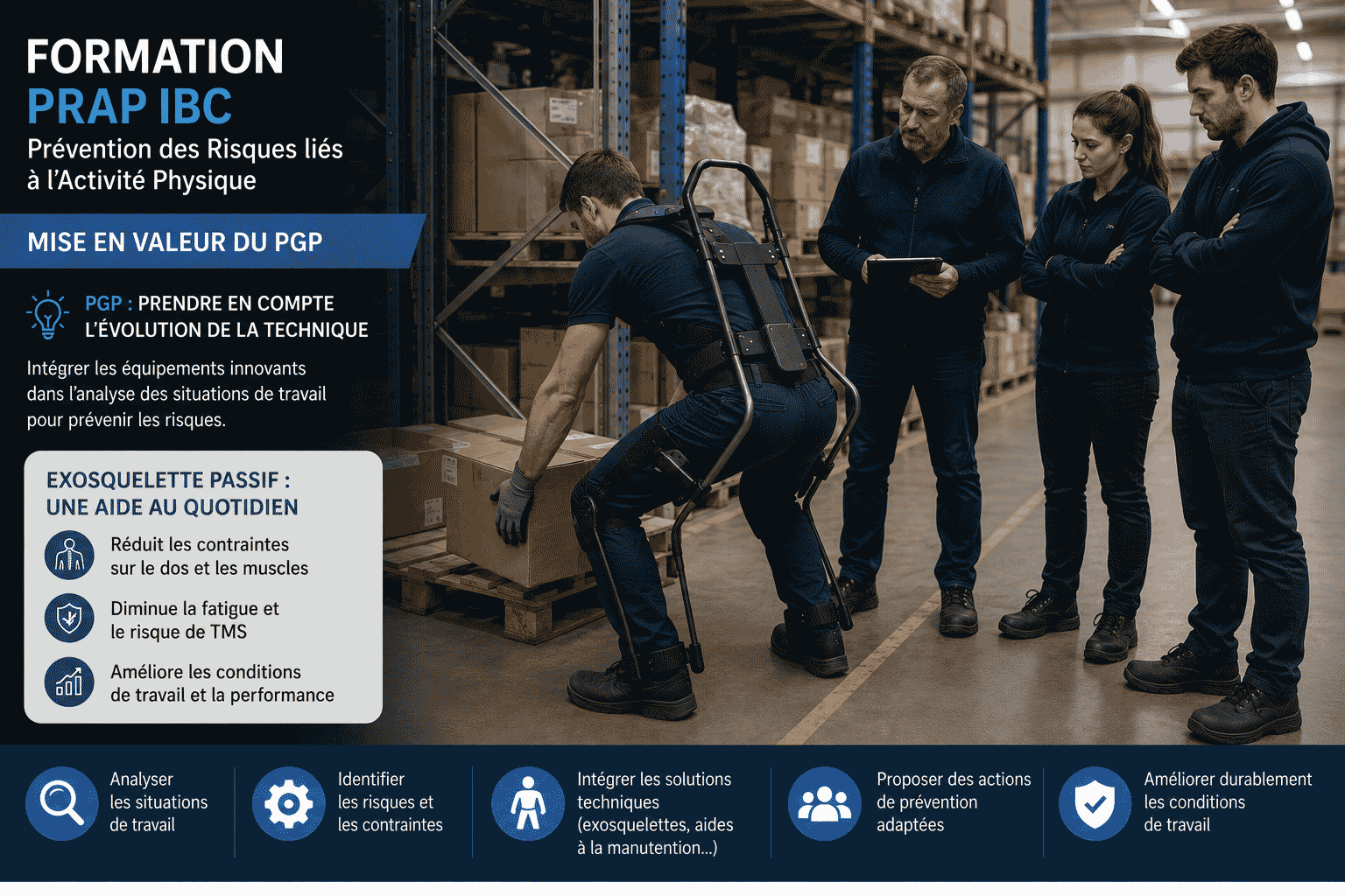 Formation PRAP IBC avec démonstration d’un exosquelette passif en entrepôt logistique pour la prévention des TMS et l’amélioration des conditions de travail.