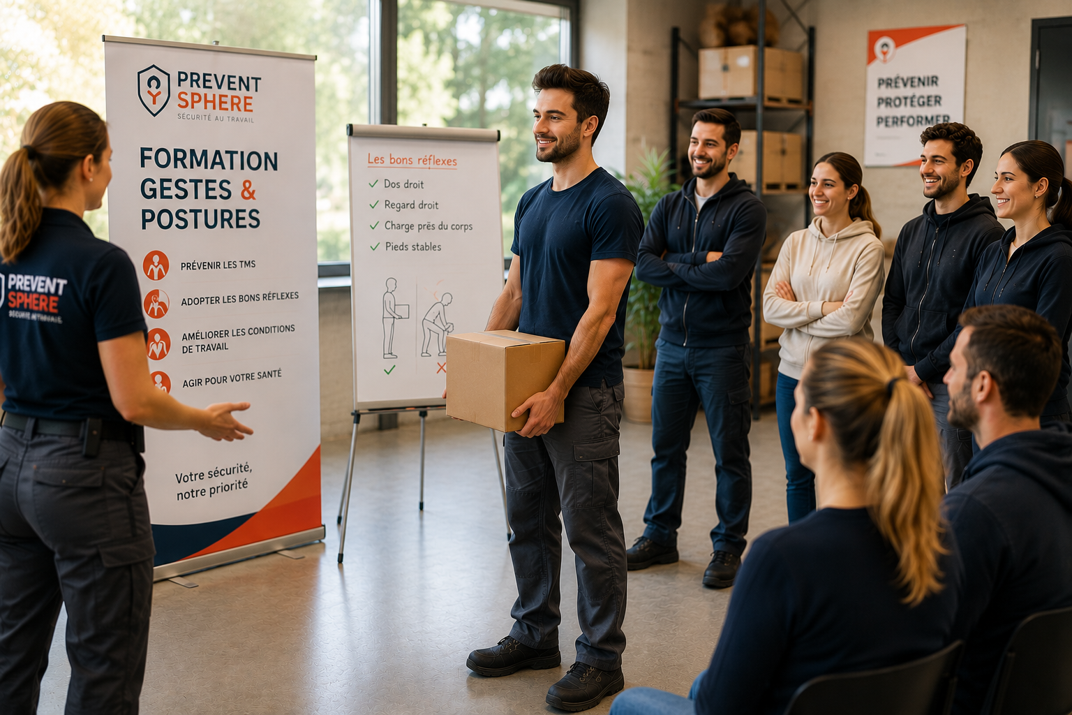 Formation gestes et postures en entreprise avec démonstration de manutention et prévention des TMS en Vendée et Pays de la