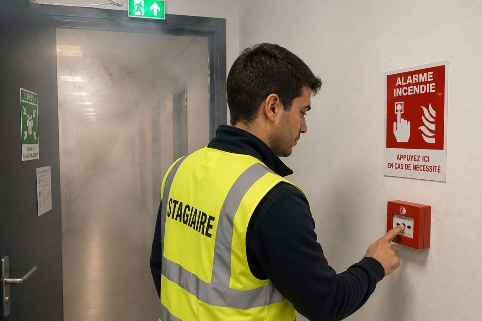 Stagiaire en formation incendie déclenchant l’alarme manuelle après détection de fumée dans un bâtiment
