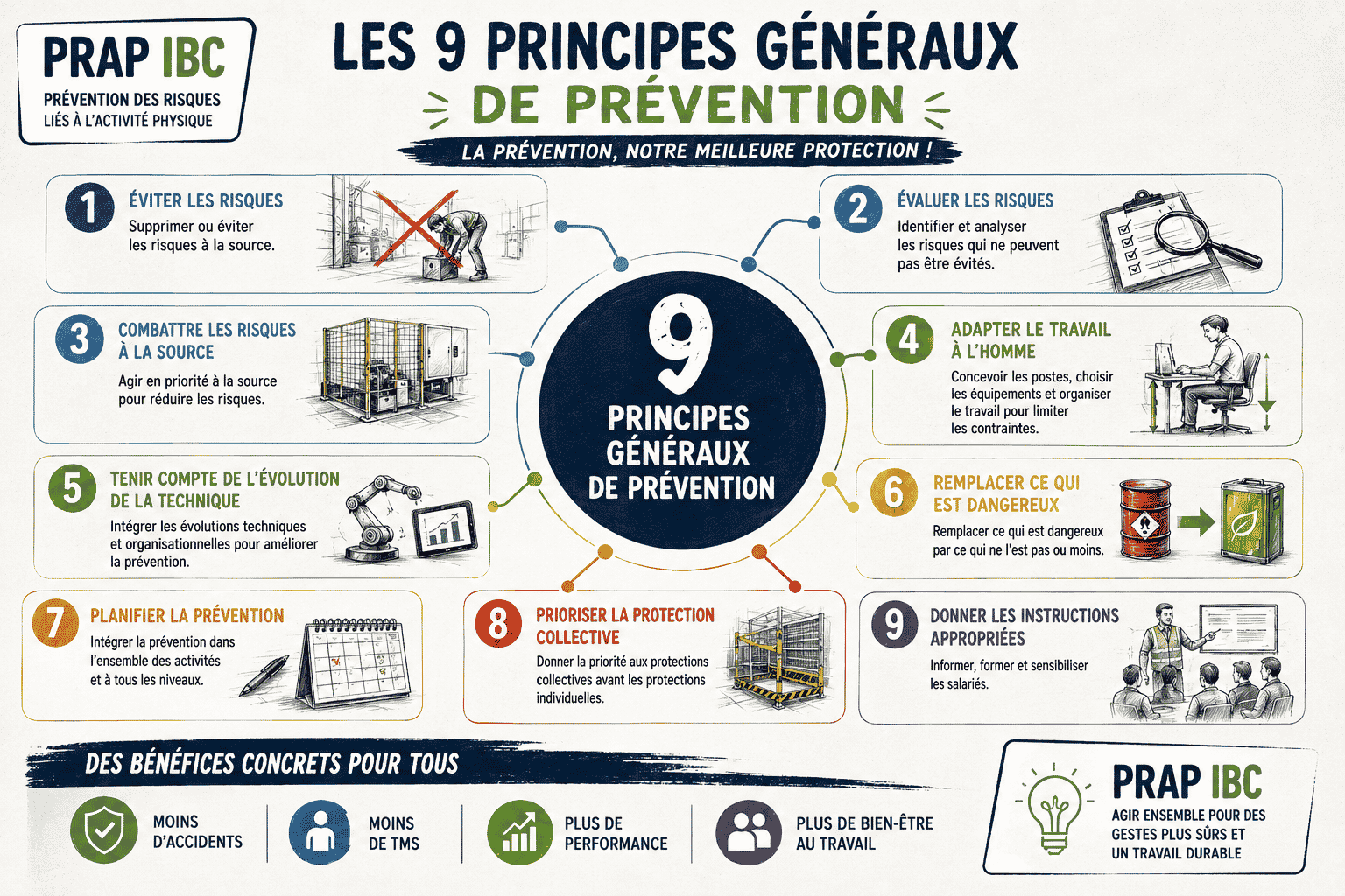 Infographie des 9 principes généraux de prévention utilisés en formation PRAP IBC pour sensibiliser aux risques professionnels et à la prévention en entreprise