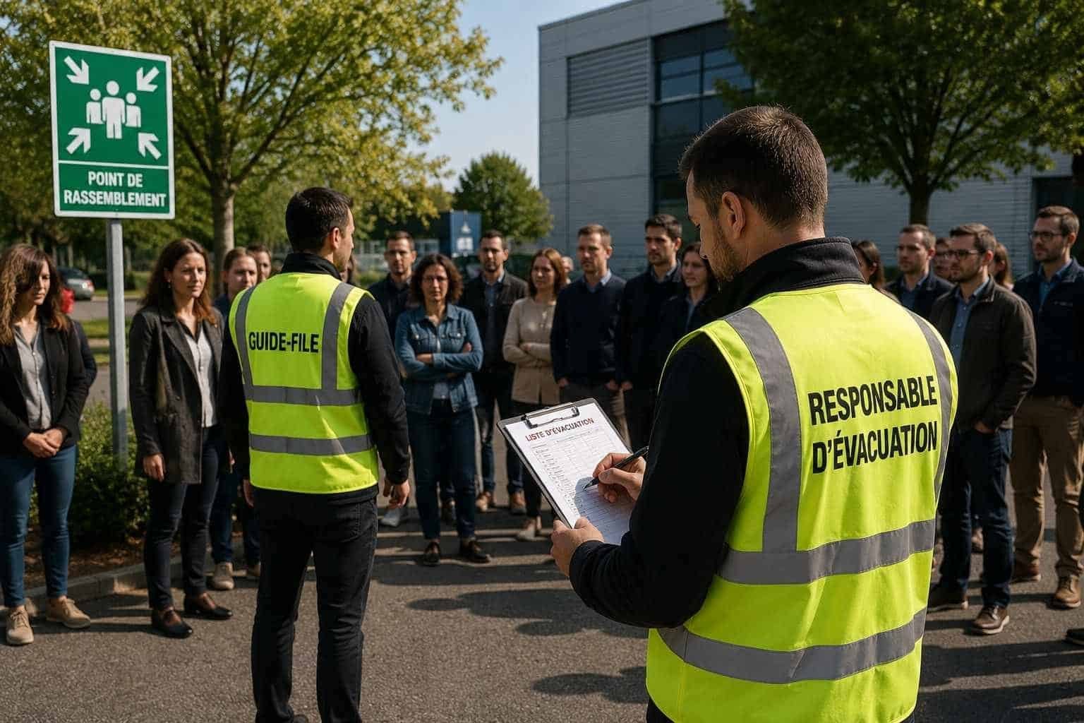 Responsable d’évacuation réalisant le comptage des salariés au point de rassemblement après une évacuation incendie